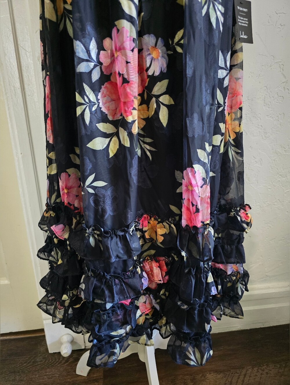 NEW Lulu's Elegant Radiance Black Floral Print Ruffled Bustier Midi Dress - Picture 7 of 14